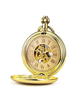 Men's Pocket Watches Smooth Golden Antique Mechanical Pocket Watch for Men Women with Chain