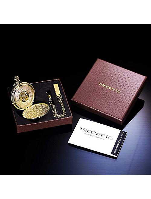 Treeweto Men's Pocket Watches Smooth Golden Antique Mechanical Pocket Watch for Men Women with Chain