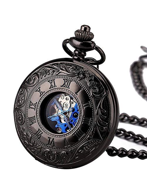TREEWETO Engraved Mechanical Pocket Watches Skeleton Double Cover Father's Day Birthday Valentines Gifts Personalized Gift for Mens Man Husband with Box and Chain