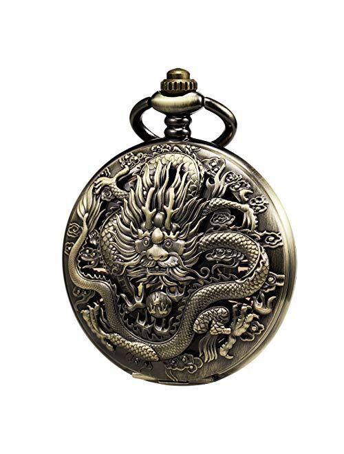 TREEWETO Mens Pocket Watch Antique Skeleton Mechanical Bronze Case 3D Steam Train Railroad Ruman Numerals Gifts for Train Lovers