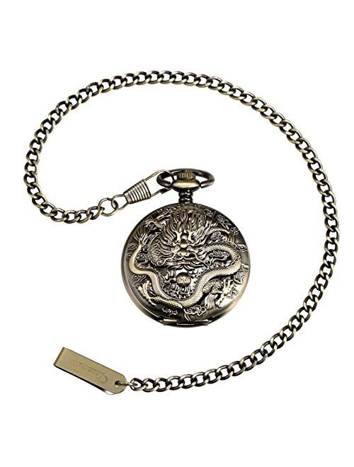 TREEWETO Mens Pocket Watch Antique Skeleton Mechanical Bronze Case 3D Steam Train Railroad Ruman Numerals Gifts for Train Lovers