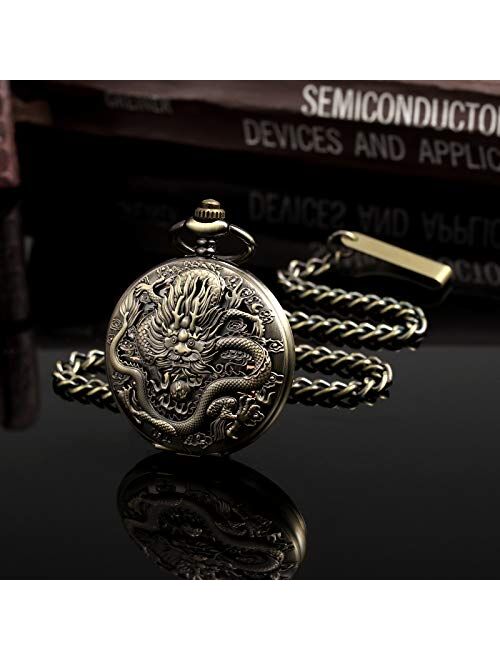 TREEWETO Mens Pocket Watch Antique Skeleton Mechanical Bronze Case 3D Steam Train Railroad Ruman Numerals Gifts for Train Lovers
