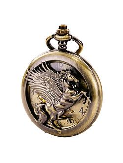 Vintage Mechanical Skeleton Hollow Pegasus Carved Pocket Watch for Men Women, Bronze