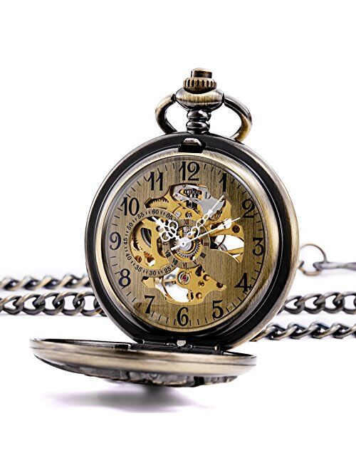TREEWETO Vintage Mechanical Skeleton Hollow Pegasus Carved Pocket Watch for Men Women, Bronze