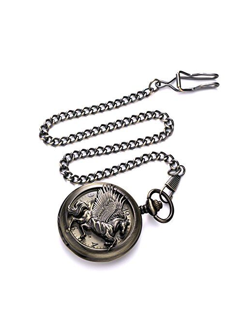 TREEWETO Vintage Mechanical Skeleton Hollow Pegasus Carved Pocket Watch for Men Women, Bronze