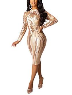 Womens Sexy Sequin Sheer Mesh See Through Long Sleeve Bodycon Midi Club Dress