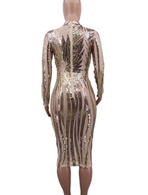 Aro Lora Womens Sexy Sequin Sheer Mesh See Through Long Sleeve Bodycon Midi Club Dress