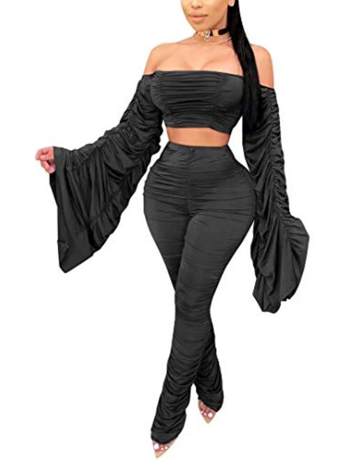 Aro Lora Women's Sexy Jumpsuit See Through 2 Piece Outfit Long Sleeve Crop Top Bodycon Pant Set Clubwear