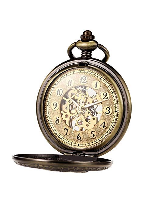 TREEWETO Mechanical Eagle Arabic Numerals Dial Skeleton Pocket Watch Watches with Gift Box and Chains for Mens Women