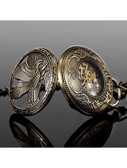 TREEWETO Mechanical Eagle Arabic Numerals Dial Skeleton Pocket Watch Watches with Gift Box and Chains for Mens Women