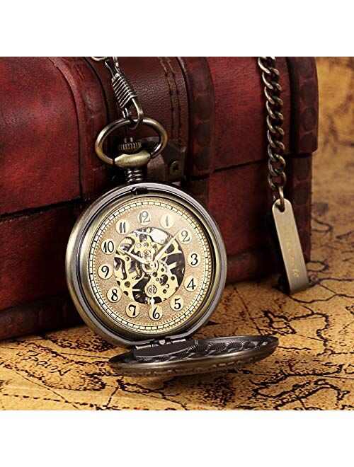 TREEWETO Mechanical Eagle Arabic Numerals Dial Skeleton Pocket Watch Watches with Gift Box and Chains for Mens Women