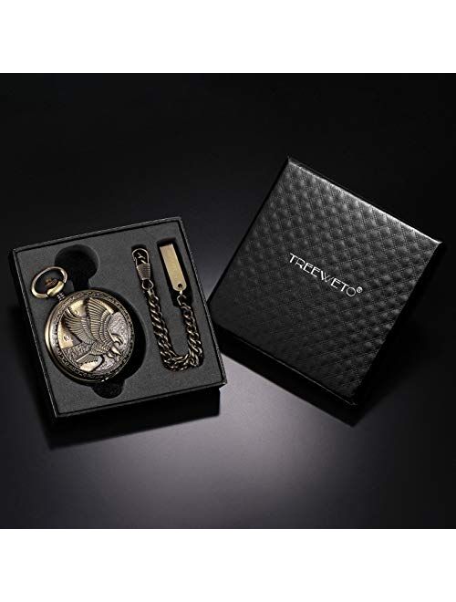 TREEWETO Mechanical Eagle Arabic Numerals Dial Skeleton Pocket Watch Watches with Gift Box and Chains for Mens Women