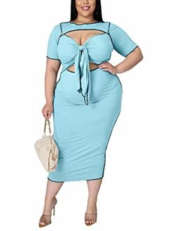 Womens Plus Size Sexy Cut Out Short Sleeve Tie Knot Striped Bodycon Midi Dress