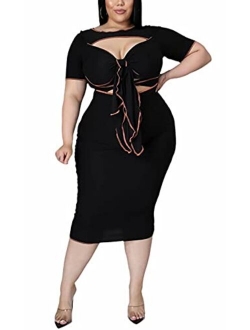 Womens Plus Size Sexy Cut Out Short Sleeve Tie Knot Striped Bodycon Midi Dress