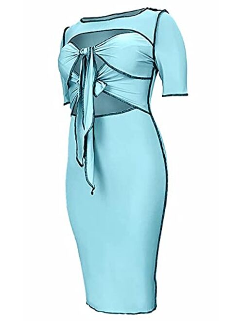 Aro Lora Womens Plus Size Sexy Cut Out Short Sleeve Tie Knot Striped Bodycon Midi Dress
