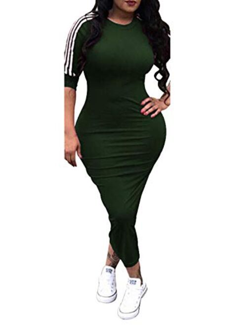 Aro Lora Women's Casual Crewneck Striped Camo Half Sleeve Bodycon Long Pencil Midi Dress