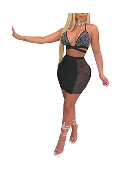 Aro Lora Women's Sexy See Through Rhinestones Crop Top Mini Skirt Set Bandage Two Piece Dress Outfit