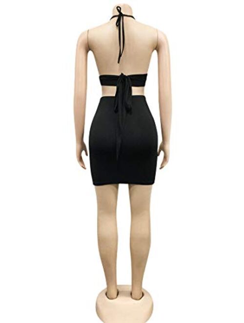 Aro Lora Women's Sexy See Through Rhinestones Crop Top Mini Skirt Set Bandage Two Piece Dress Outfit