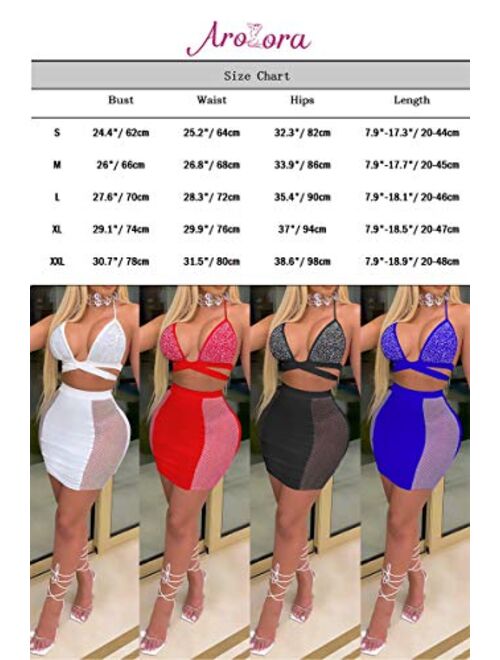 Aro Lora Women's Sexy See Through Rhinestones Crop Top Mini Skirt Set Bandage Two Piece Dress Outfit