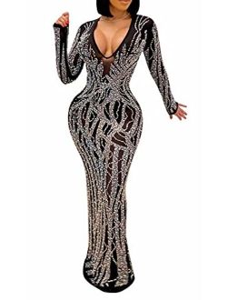 Womens Sexy Glitter Rhinestones See Through Sheer Mesh Club Bodycon Maxi Dress