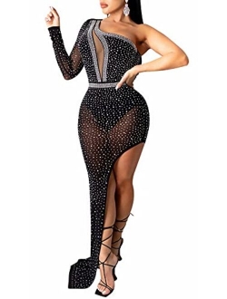 Womens Sexy Glitter Rhinestones See Through Sheer Mesh Club Bodycon Maxi Dress