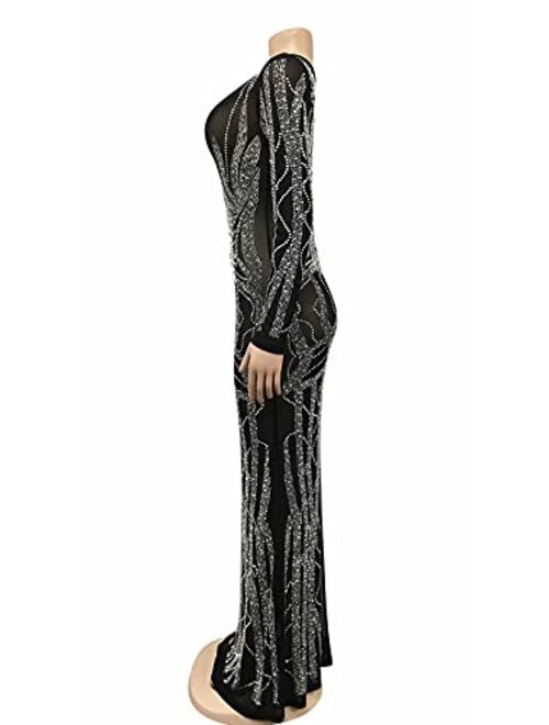 Aro Lora Womens Sexy Glitter Rhinestones See Through Sheer Mesh Club Bodycon Maxi Dress