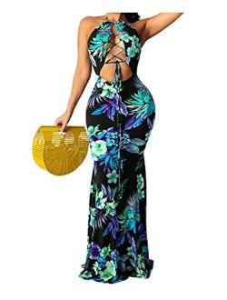Womens Summer Sleeveless Floral Party Long Bodycon Maxi Dresses Casual Sun Dress