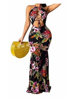 Womens Summer Sleeveless Floral Party Long Bodycon Maxi Dresses Casual Sun Dress