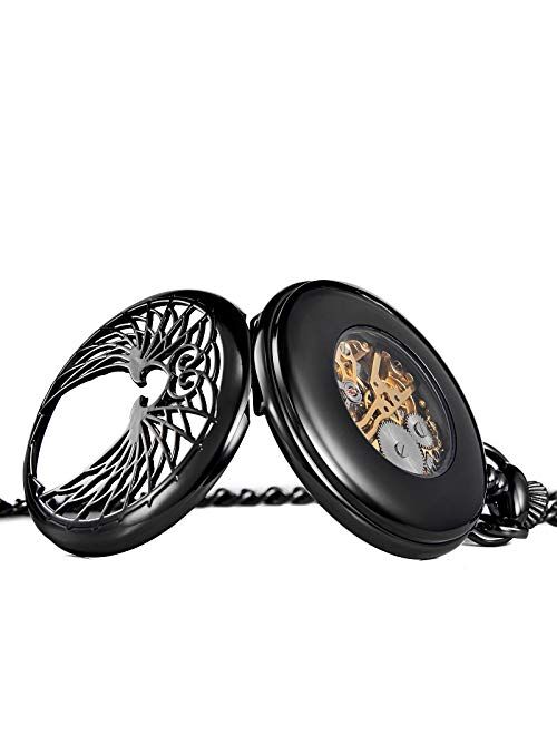 TREEWETO Skeleton Eagle Wings Design Black Case Roman Numeral Markers Mechanical Pocket Watch