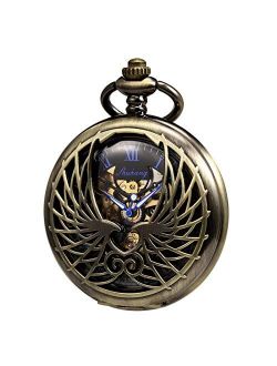 Men's Women's Pocket Watch Mechanical Skeleton Eagle Wings Double Hollow Case Roman Numeral with Chain Gift Box