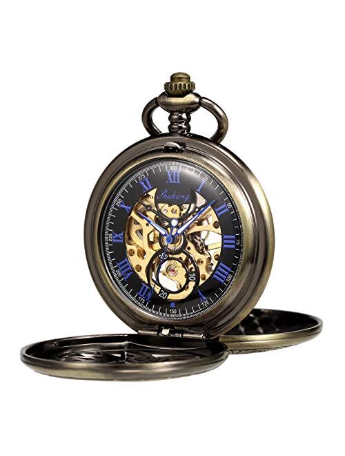 TREEWETO Men's Women's Pocket Watch Mechanical Skeleton Eagle Wings Double Hollow Case Roman Numeral with Chain Gift Box