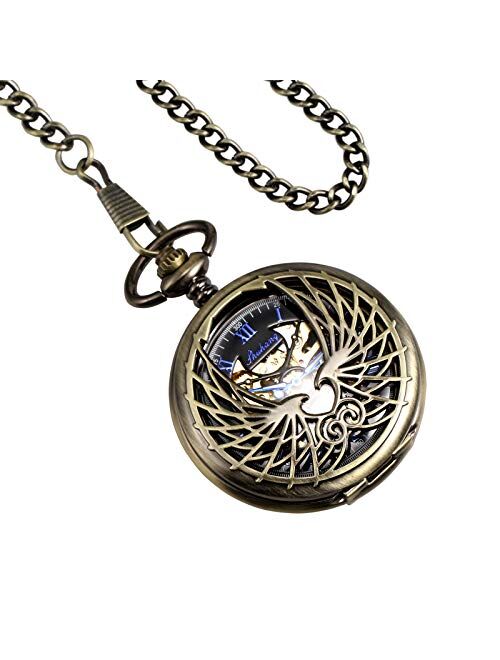 TREEWETO Men's Women's Pocket Watch Mechanical Skeleton Eagle Wings Double Hollow Case Roman Numeral with Chain Gift Box
