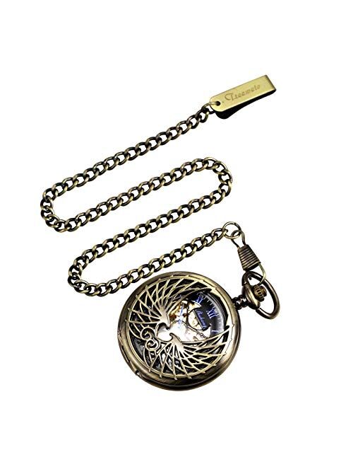 TREEWETO Men's Women's Pocket Watch Mechanical Skeleton Eagle Wings Double Hollow Case Roman Numeral with Chain Gift Box