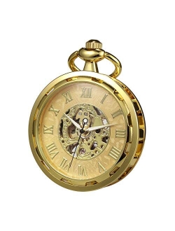Pocket Watch Skeleton Open Face Men Antique Bronze Mechanical Hand-Wind with Chain Gift Box