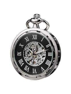 Pocket Watch Skeleton Open Face Men Antique Bronze Mechanical Hand-Wind with Chain Gift Box