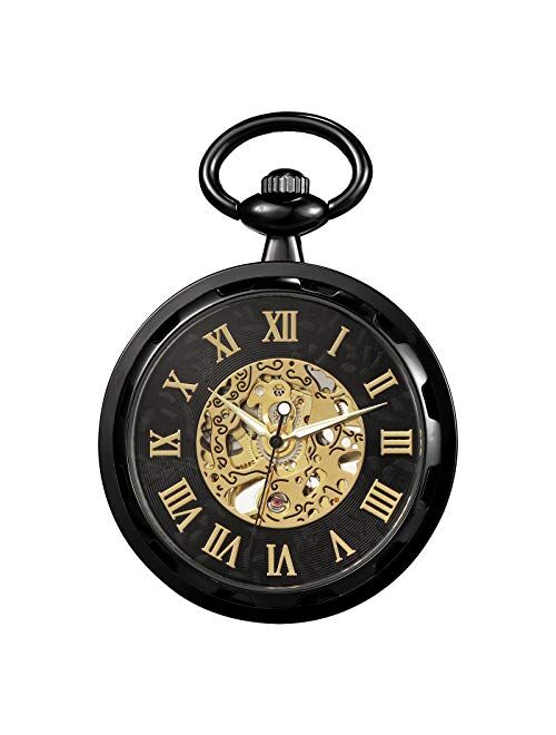 TREEWETO Pocket Watch Skeleton Open Face Men Antique Bronze Mechanical Hand-Wind with Chain Gift Box