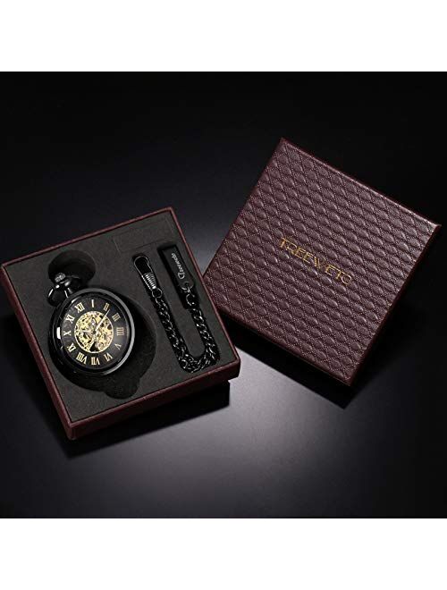 TREEWETO Pocket Watch Skeleton Open Face Men Antique Bronze Mechanical Hand-Wind with Chain Gift Box