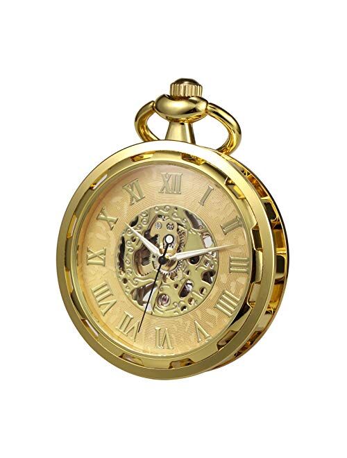 TREEWETO Pocket Watch Skeleton Open Face Men Antique Bronze Mechanical Hand-Wind with Chain Gift Box