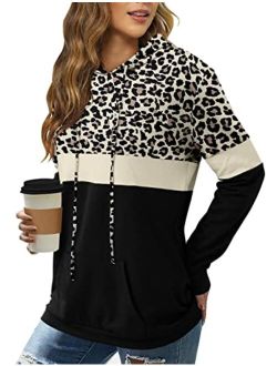 Hoodies for Women Camo Leopard Print Tops Pullover Hooded Sweatshirt Drawstring with Pocket
