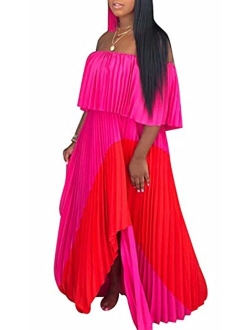 Womens Sexy Off Shoulder Ruffle Color Block Irregular Hem Boho Chiffon Maxi Dress