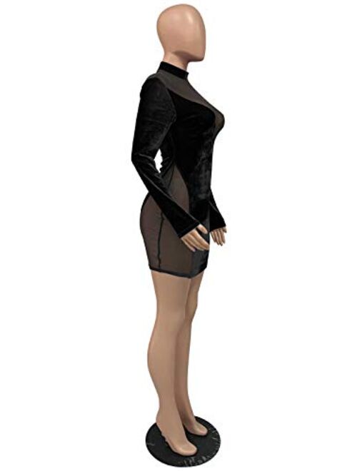 Aro Lora Women's Sexy One Sleeve Velvet Sheer Mesh Irregular Fluffy Trim Club Bodycon Mini Dress