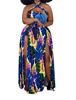 Womens Plus Size Halter Neck Sleeveless Cut Out Floral Print Side Slit Maxi Dress