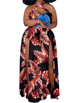 Womens Plus Size Halter Neck Sleeveless Cut Out Floral Print Side Slit Maxi Dress