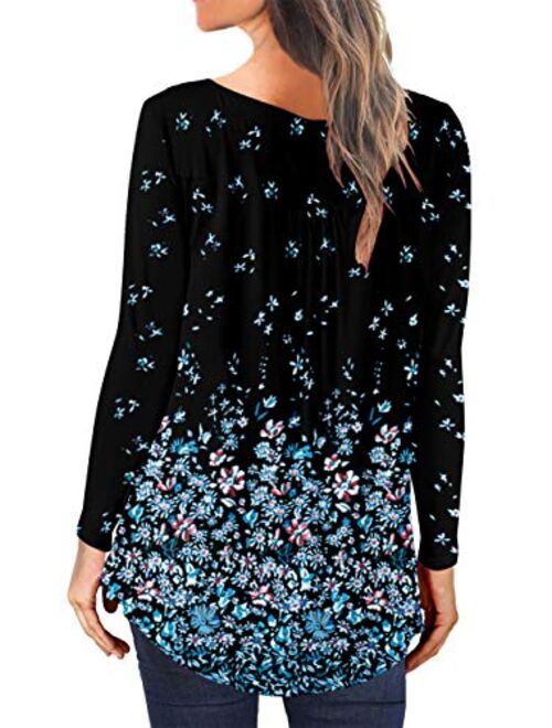 Angerella Womens Tunic Tops Long Sleeve Flared Floral V Neck Button Henley Shirts