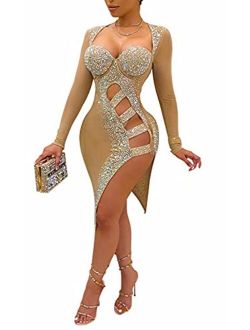 Womens Sexy Glitter Rhinestones Sheer Mesh Asymmetrical Bodycon Midi Club Dress