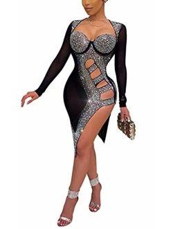 Womens Sexy Glitter Rhinestones Sheer Mesh Asymmetrical Bodycon Midi Club Dress