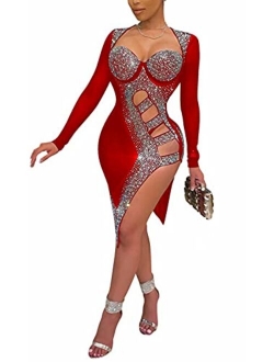 Womens Sexy Glitter Rhinestones Sheer Mesh Asymmetrical Bodycon Midi Club Dress