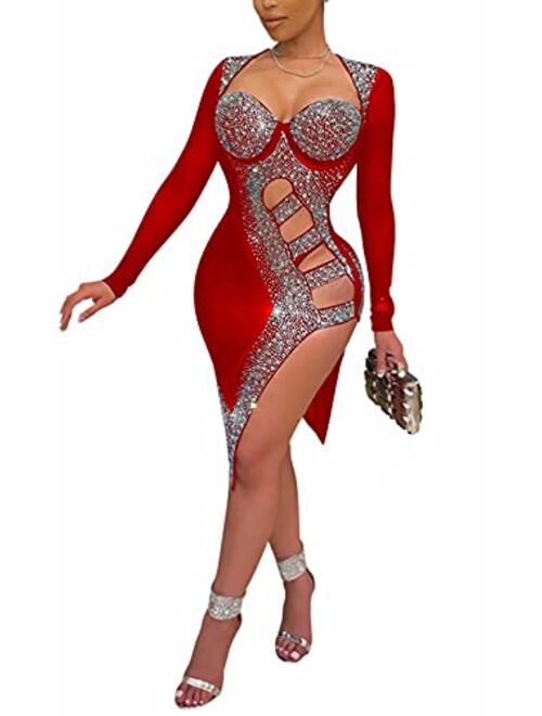 Aro Lora Womens Sexy Glitter Rhinestones Sheer Mesh Asymmetrical Bodycon Midi Club Dress