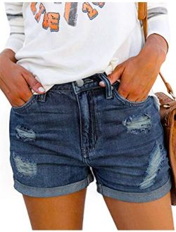 Denim Shorts for Women Mid Rise Ripped Jean Shorts Stretchy Folded Hem Hot Short Jeans