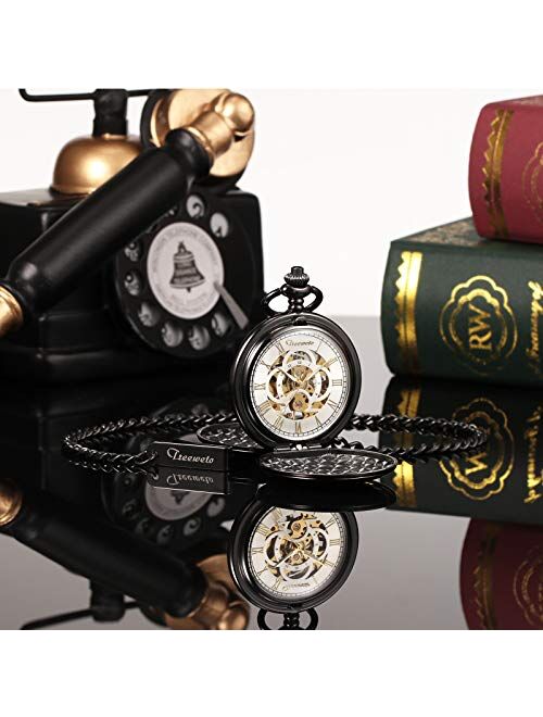 TREEWETO Men's Pocket Watch Retro Smooth Classic Mechanical Hand-Wind Pocket Watch Steampunk Roman Numerals Fob Watch for Men Women with Chain Box
